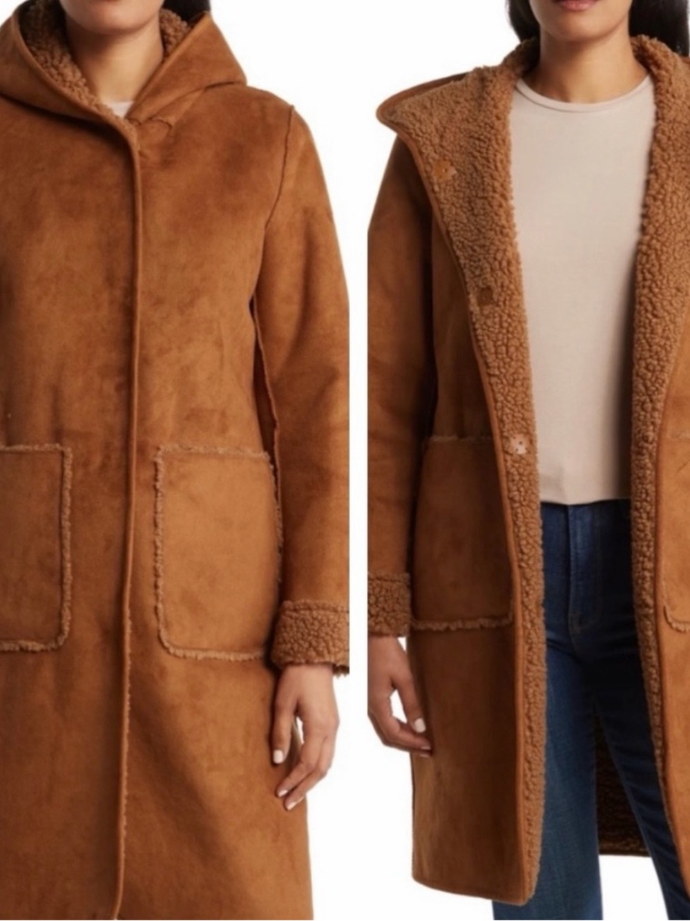 Michael Kors 2X Faux Fur Shearling Hooded Suede Jacket Coat Tan Cappuccino Plus